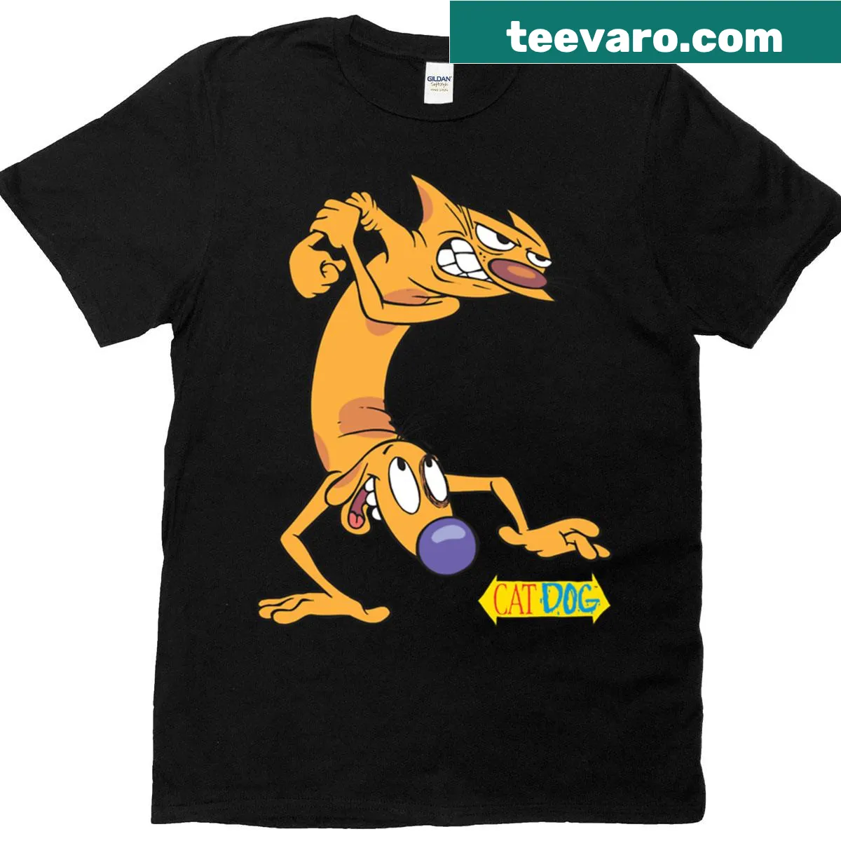 Catdog cartoon character graphic T-shirt — on a men's t-shirt