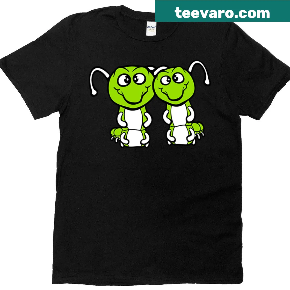 Cartoon couple caterpillars representing love and teamwork — on a men's t-shirt