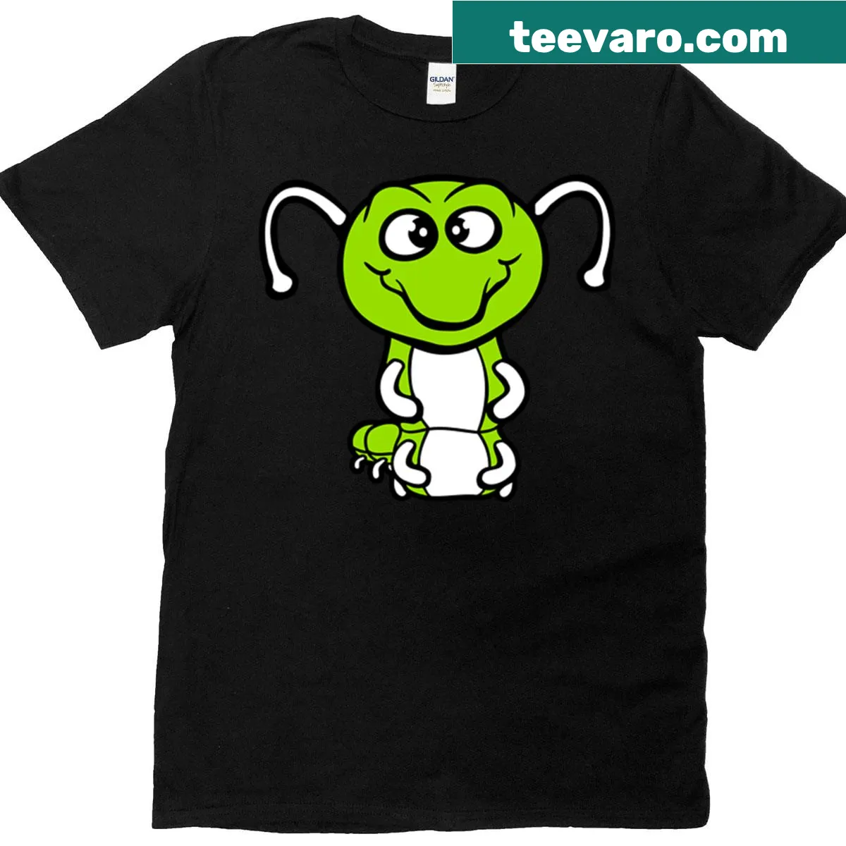 Happy cartoon caterpillar graphic on a cute insect t-shirt — on a men's t-shirt
