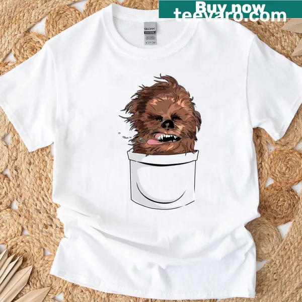 Illustration of a dog peeking out of a pocket on a t-shirt.