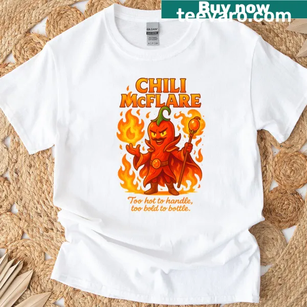 T-shirt with cartoon chili mage conjuring flames, humorous design