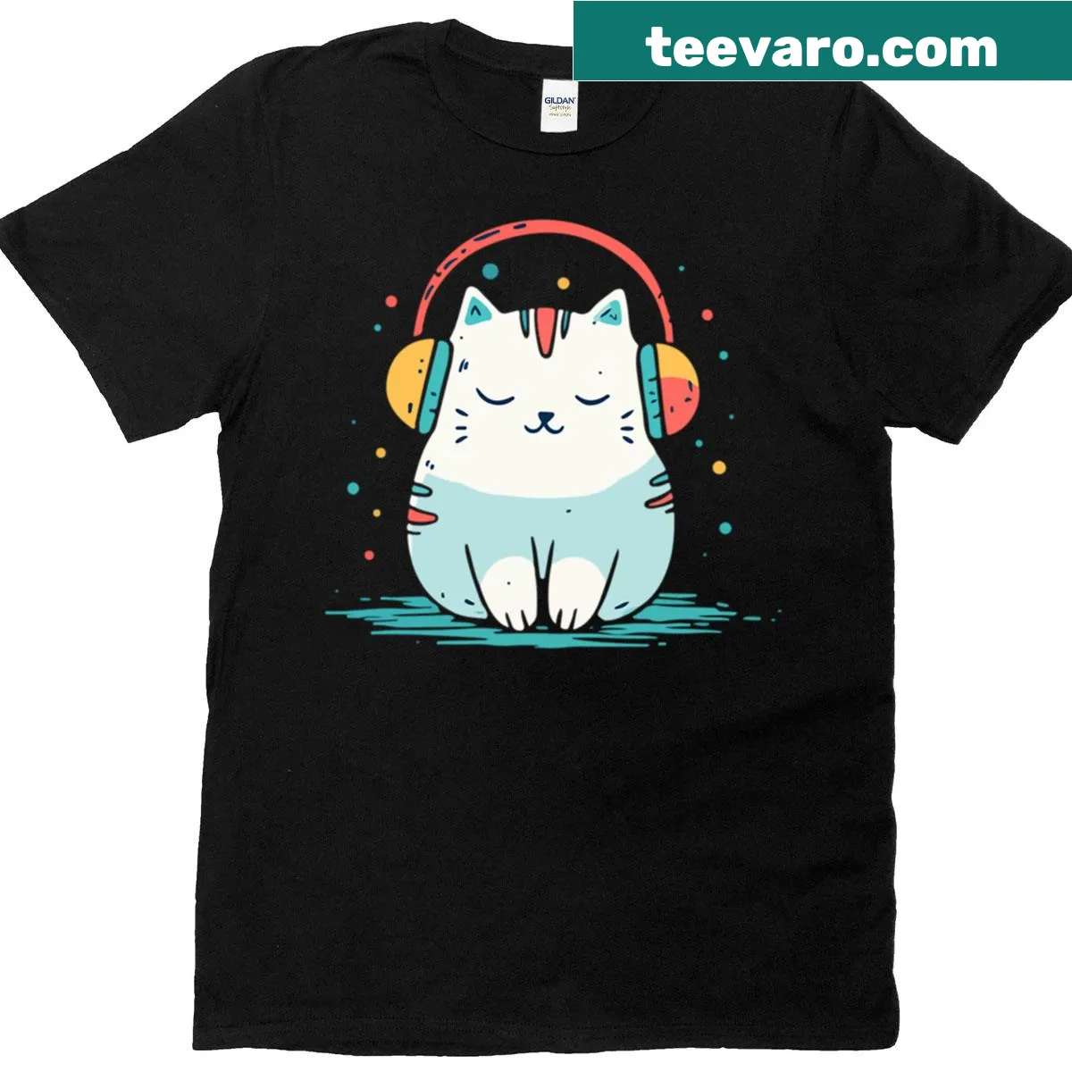 Cute cat wearing headphones on oversized T-shirt — on a men's t-shirt
