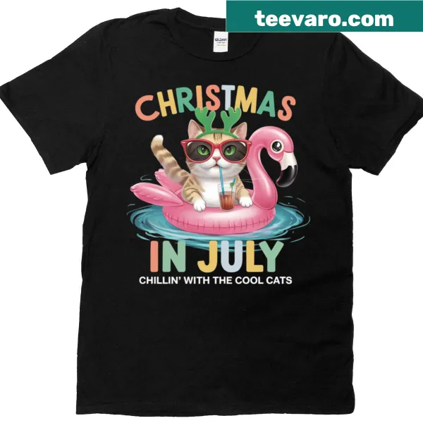 Whimsical design featuring cats on flamingo floats for Christmas in July