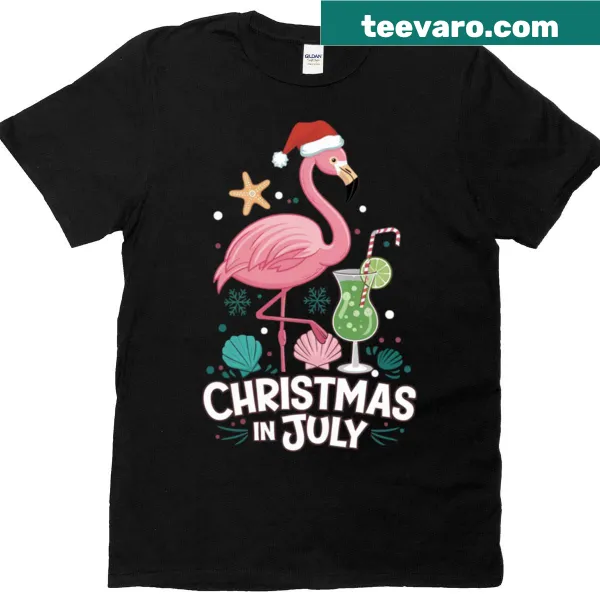 Summer T-shirt with a flamingo dressed as Santa Claus