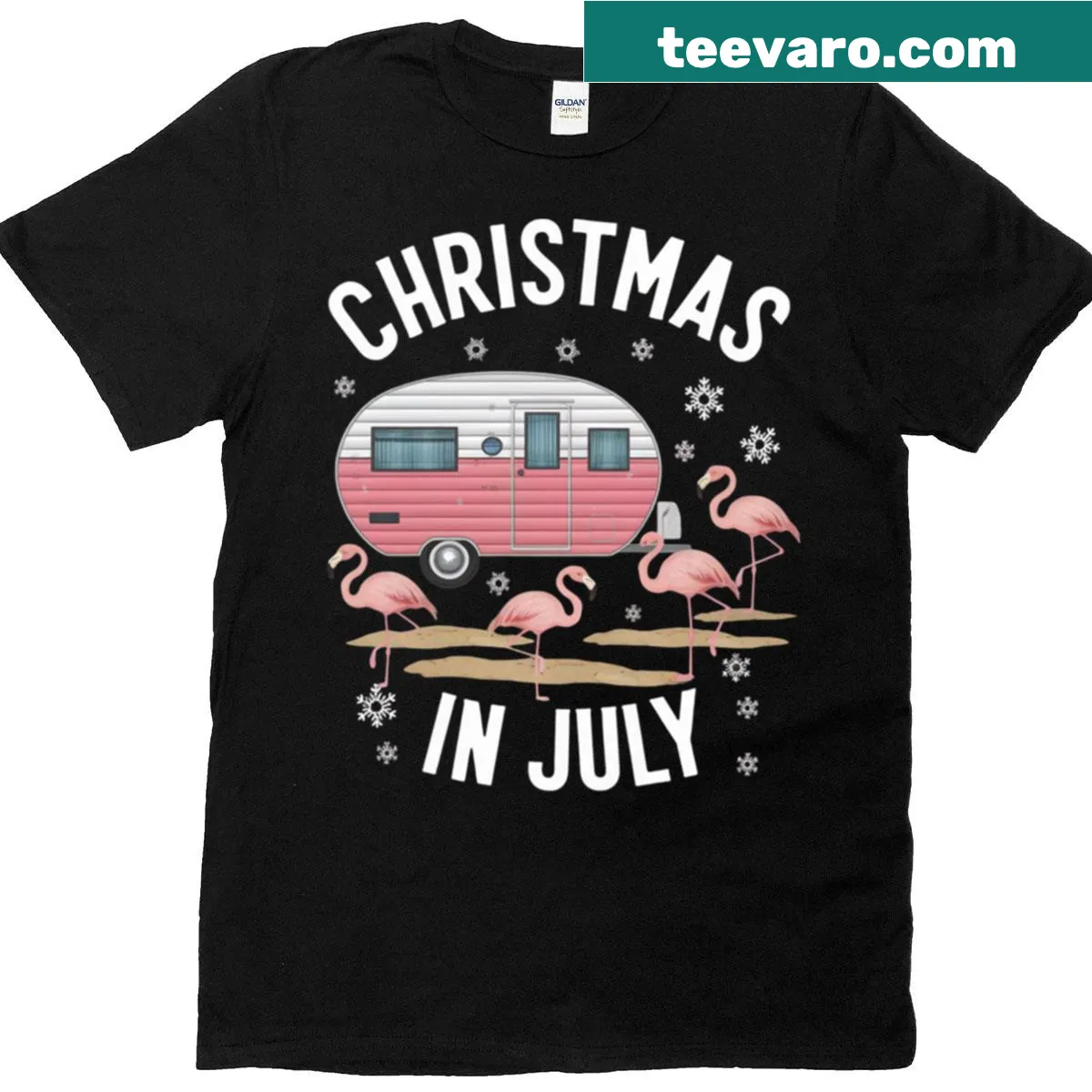 Summer-themed T-shirt with Christmas flamingo graphic — on a men's t-shirt
