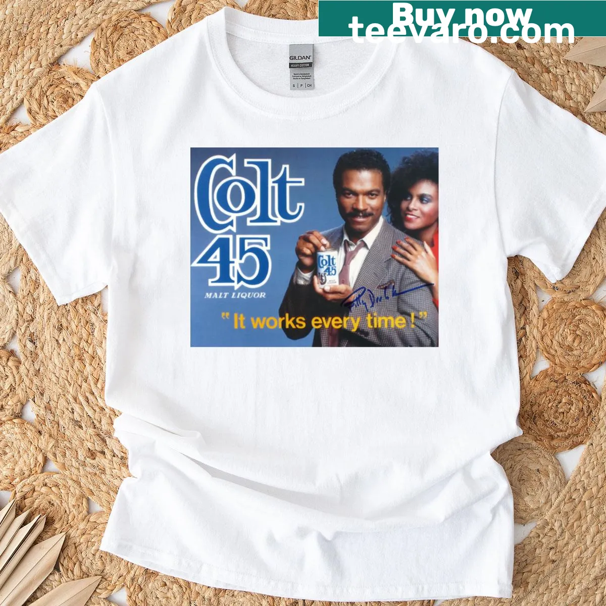 Colt 45 Malt Liquor T-shirt with classic branding design — on a men's t-shirt