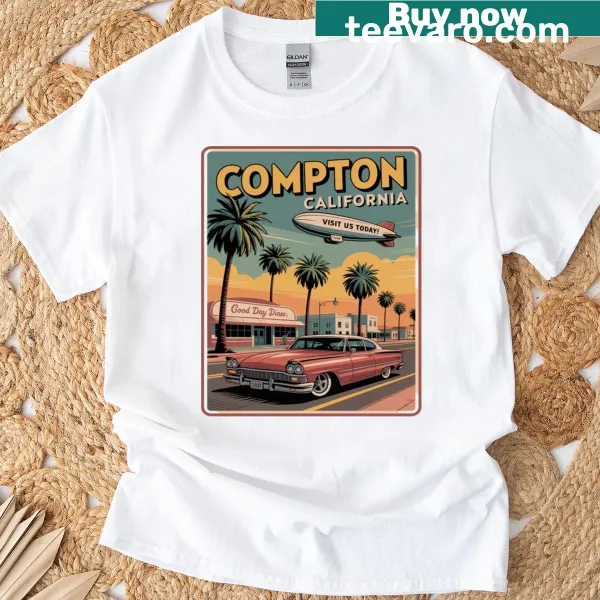 Emblem graphic representing Compton, California on t-shirt