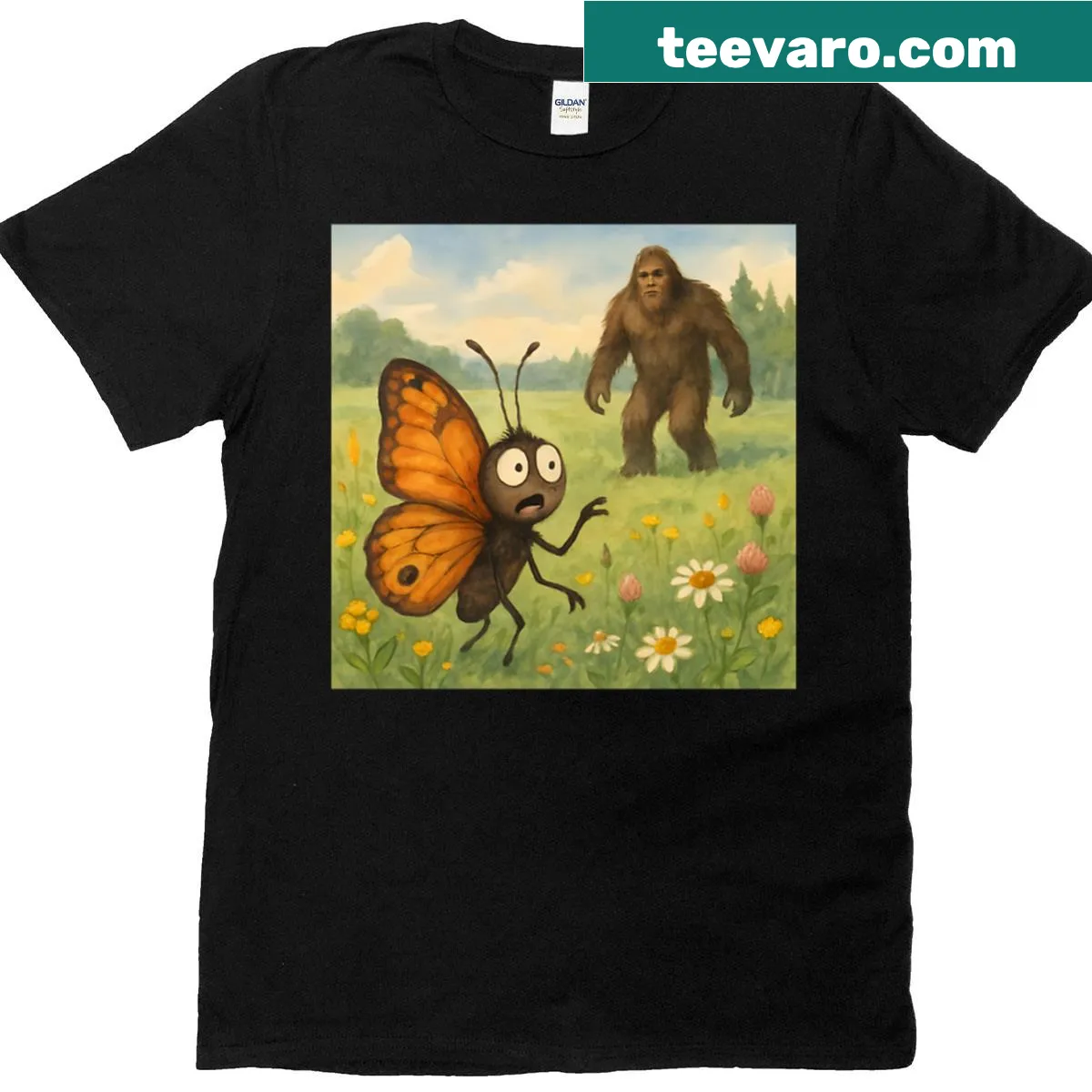 Oversized T-shirt with a whimsical graphic of a confused butterfly and Sasquatch — on a men's t-shirt