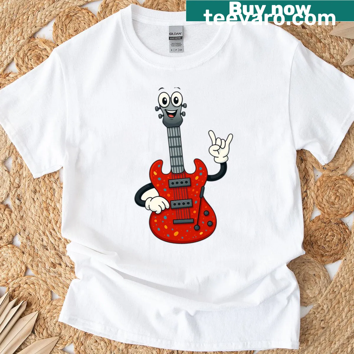 Cartoon electric guitar character graphic T-shirt for music lovers — on a men's t-shirt