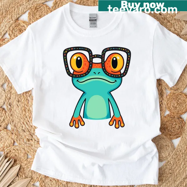 Cute cartoon frog wearing funky glasses on T-shirt