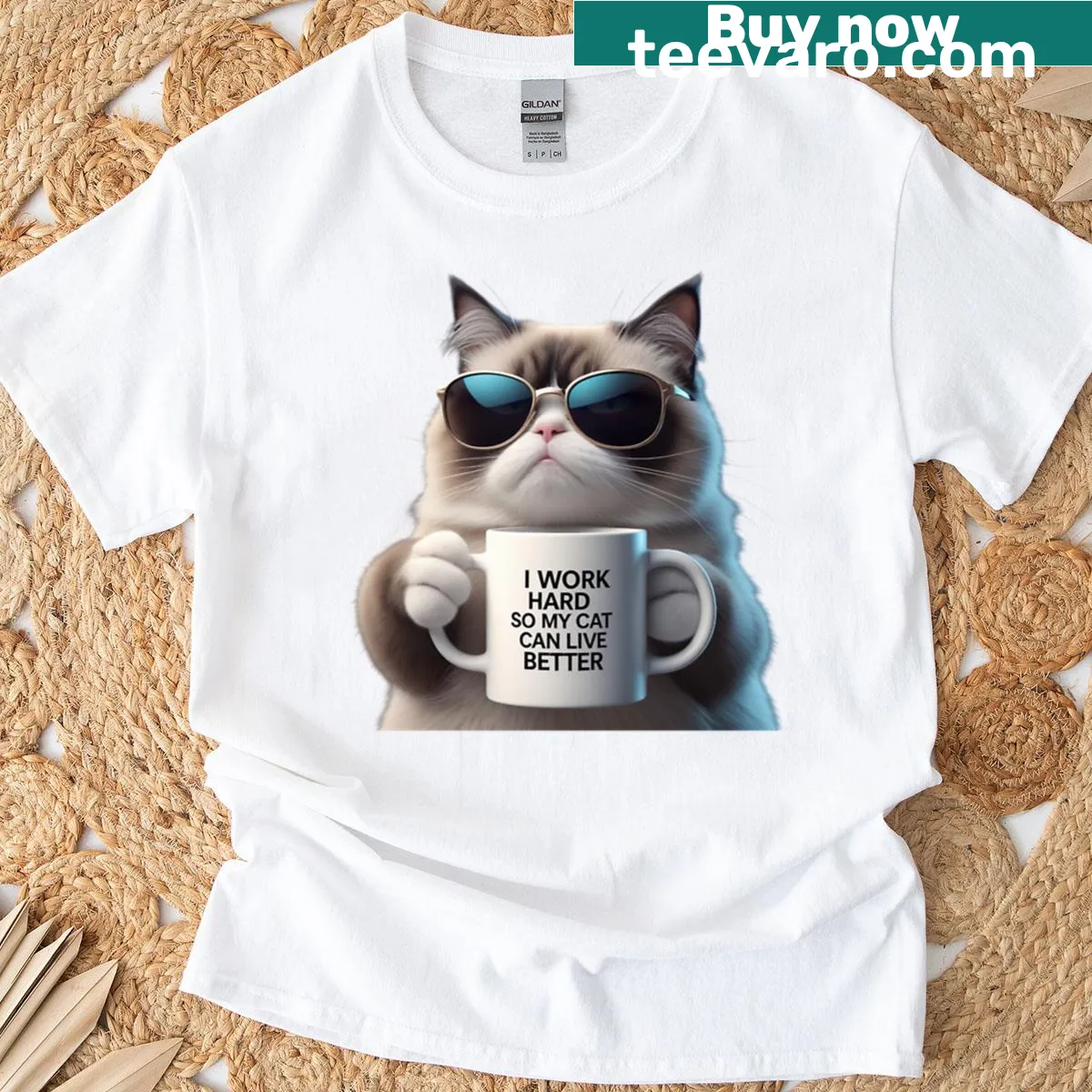 Funny quote about cat lovers with a coffee mug graphic on T-shirt — on a men's t-shirt