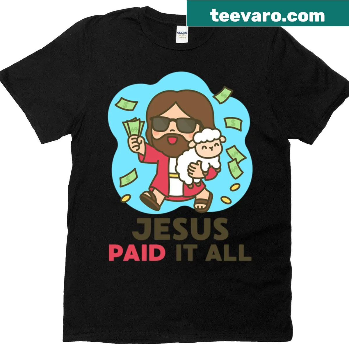 Cartoon of Jesus holding a lamb with money, humorously themed — on a men's t-shirt