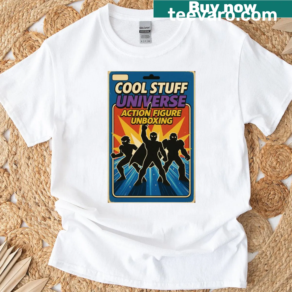 Cool Stuff Universe cardback logo t-shirt with badge-emblem design — on a men's t-shirt