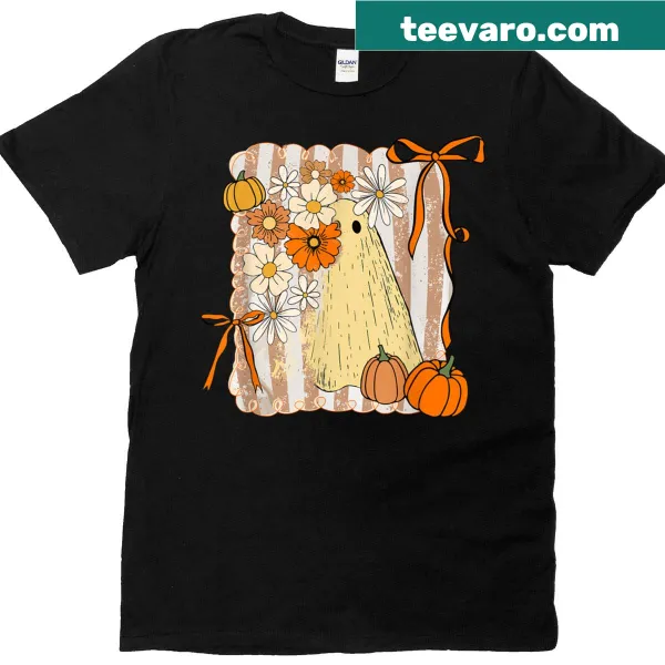 Cute Halloween t-shirt featuring a ghost, pumpkin, and floral design.