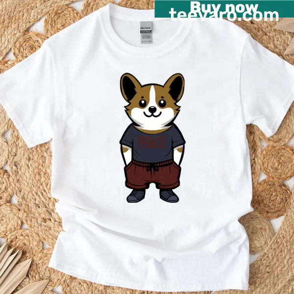 Cartoon corgi with a peace message on a cute T-shirt for dog lovers