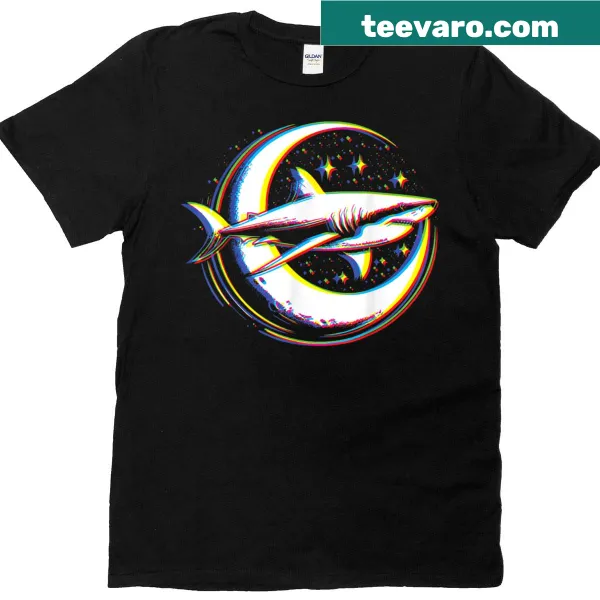 Illustration of a cosmic shark swimming in front of the moon