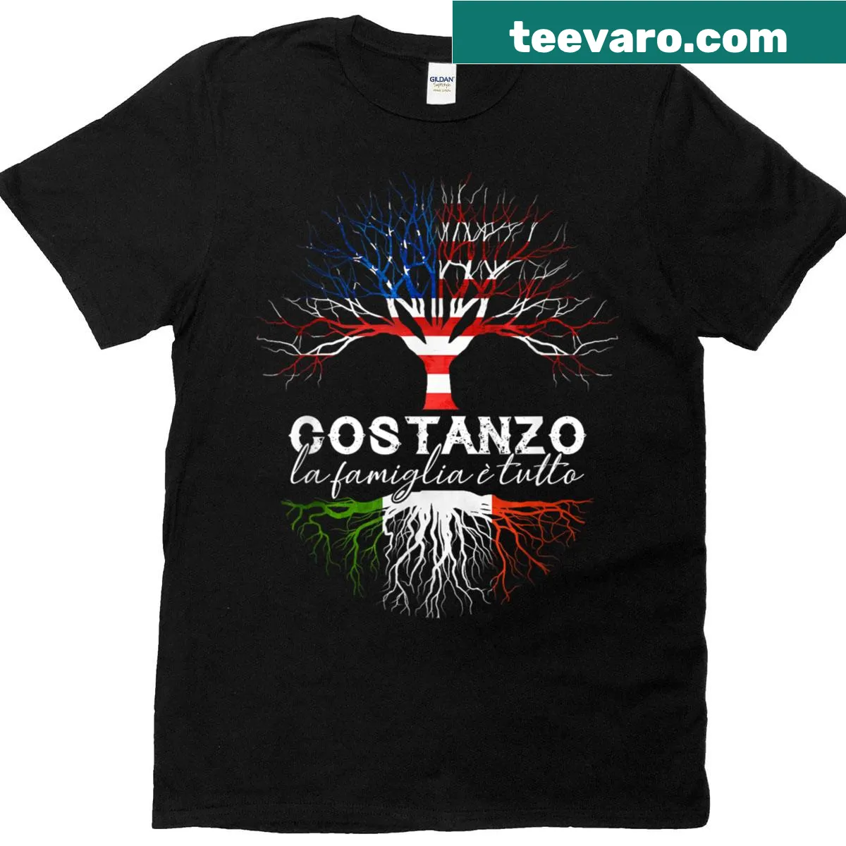 Italian Roots T-shirt featuring the name Costanzo in bold lettering — on a men's t-shirt