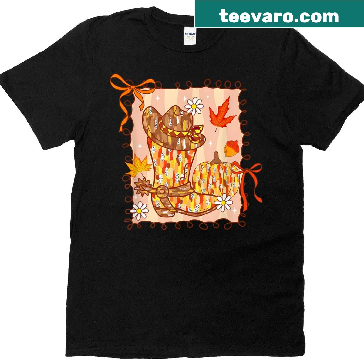 Thanksgiving t-shirt with cowgirl boots, a bow, and fall leaves — on a men's t-shirt