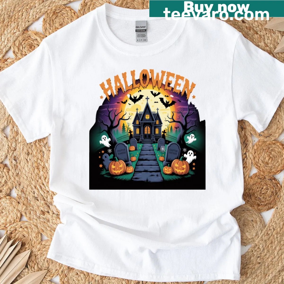Haunted house Halloween t-shirt with ghosts and jack-o-lanterns — on a men's t-shirt