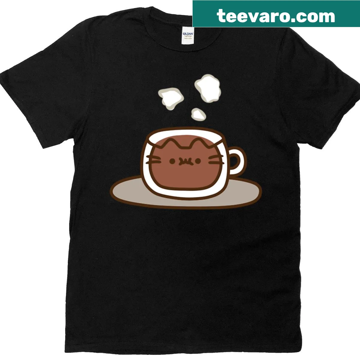 Cute Pusheen character with a cup of hot cocoa in a cozy setting. — on a men's t-shirt