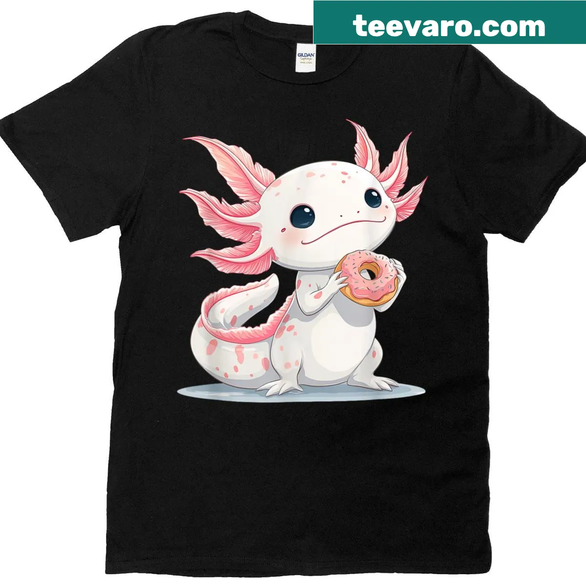 Kawaii t-shirt featuring a cute axolotl on a donut — on a men's t-shirt