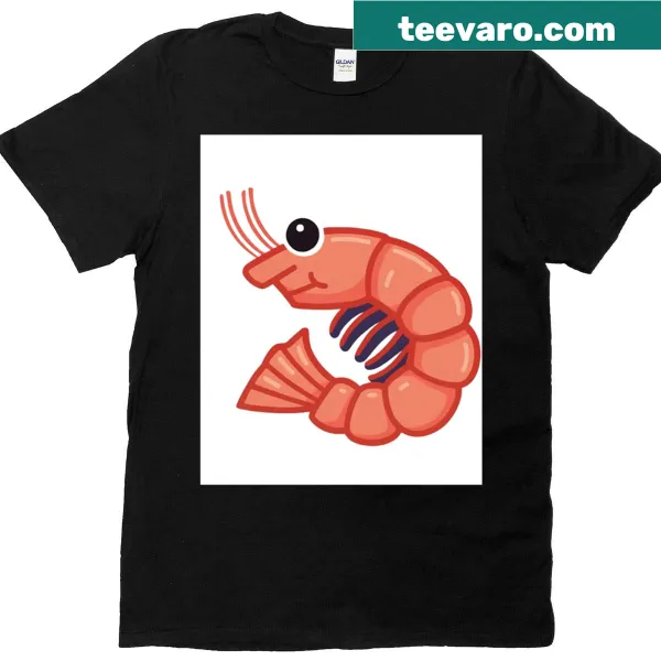 Cartoon shrimp graphic t-shirt featuring a smiling sea creature