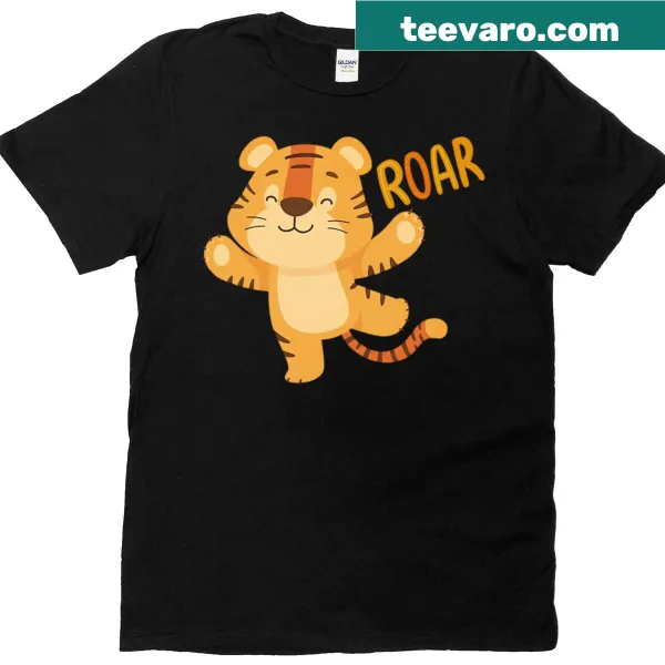 Cartoon tiger graphic t-shirt featuring a playful roar design
