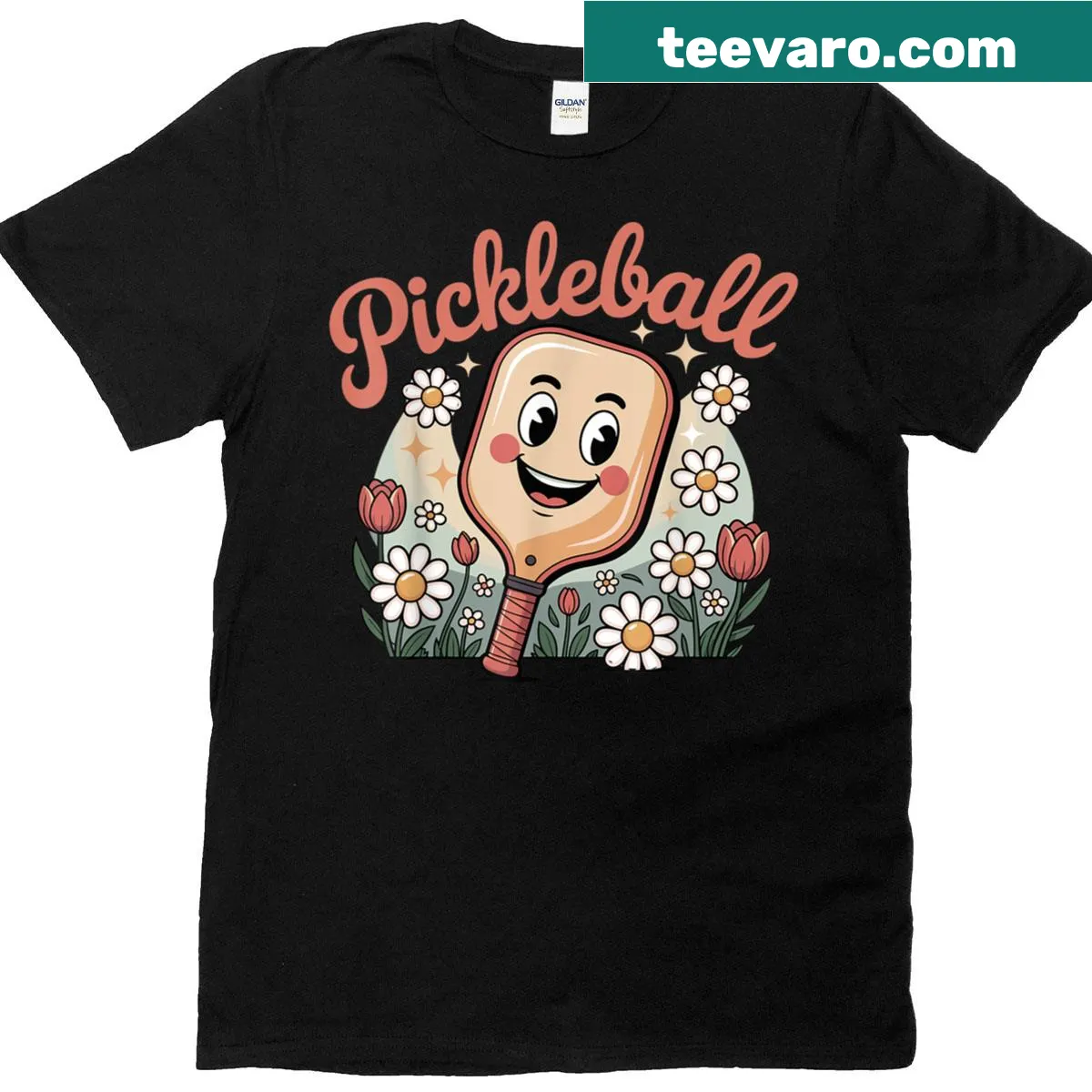 Floral pickleball graphic on a summer T-shirt for women. — on a men's t-shirt