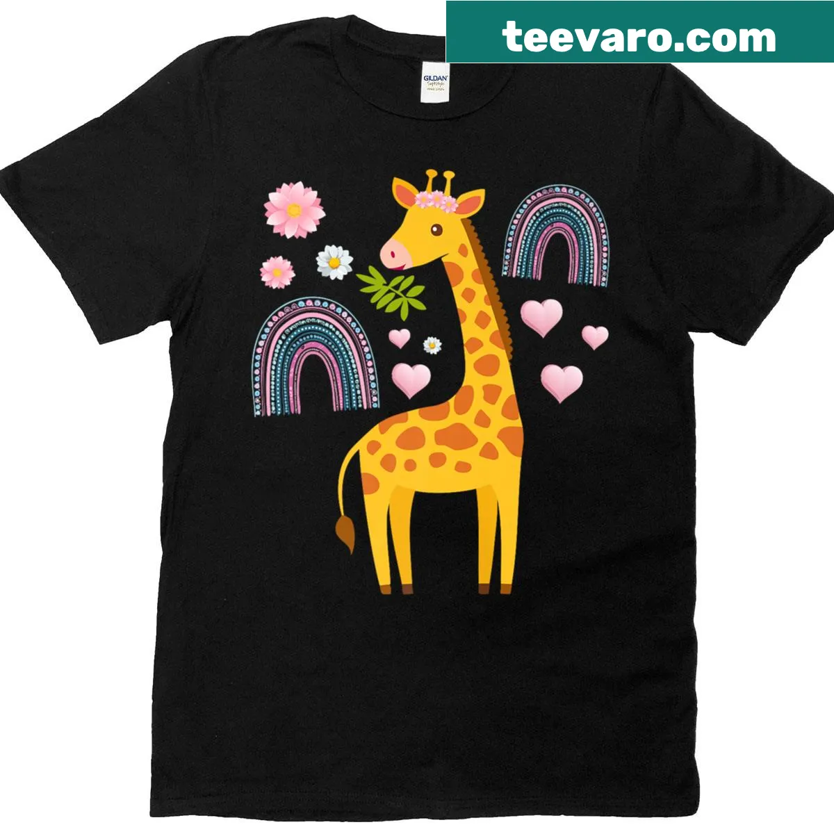 Giraffe graphic t-shirt with flowers and hearts design for women — on a men's t-shirt