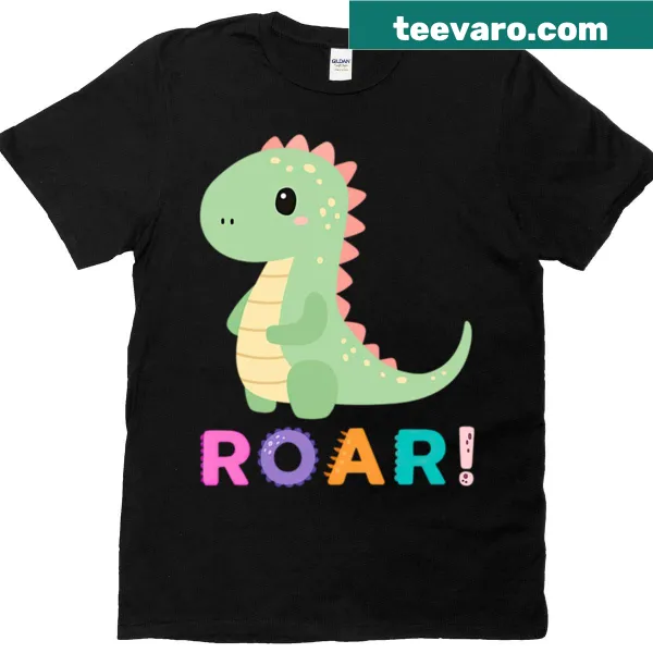 Cartoon dinosaur graphic t-shirt featuring a cute roar design