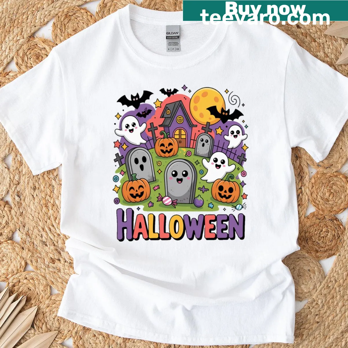 Cartoon Halloween t-shirt with cute ghosts, pumpkins, and a haunted house — on a men's t-shirt