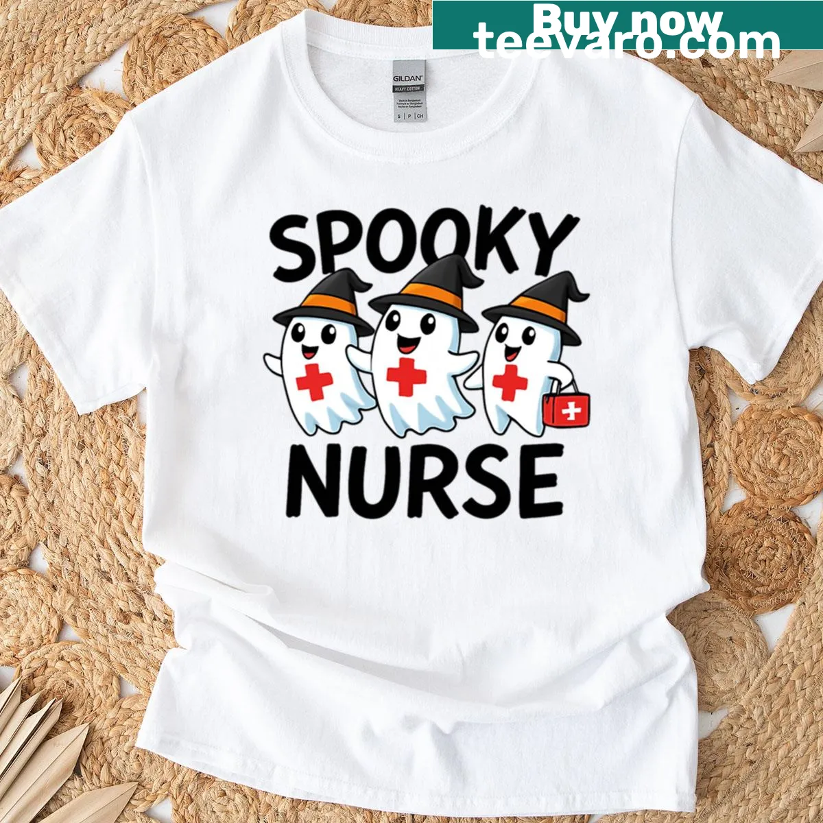 Cute cartoon ghosts in nurse outfits on Halloween t-shirt — on a men's t-shirt