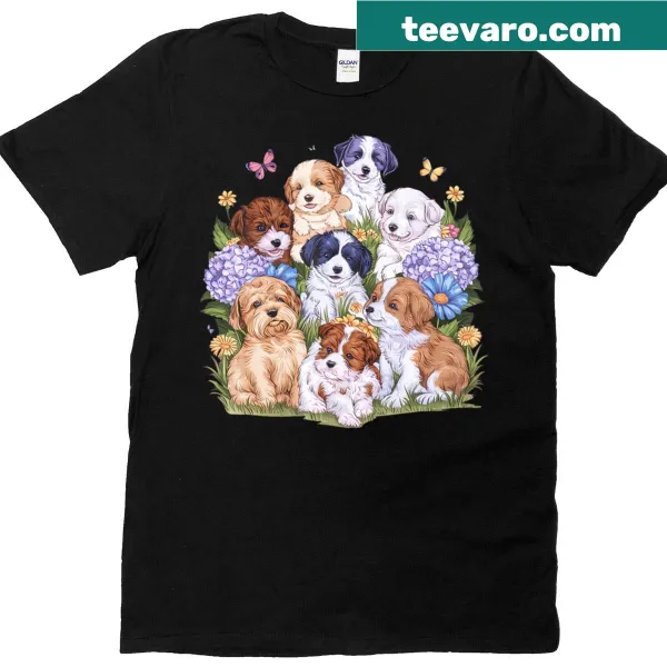 T-shirt with a cute puppy surrounded by flowers and butterflies