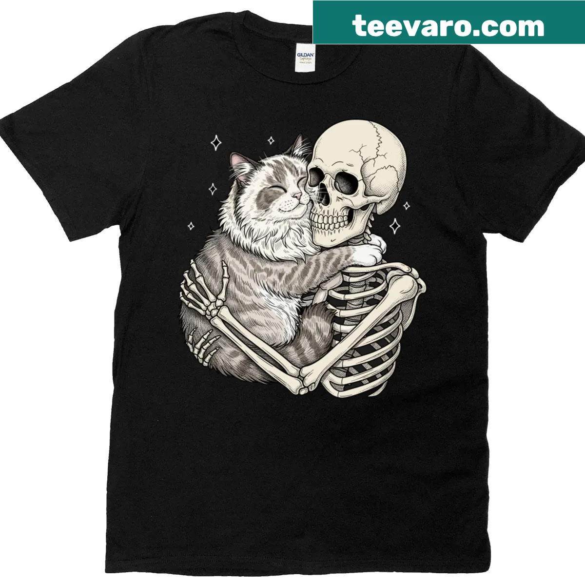 Cute Halloween shirt featuring a skeleton hugging a cat — on a men's t-shirt