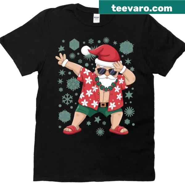 Dabbing Santa in Hawaiian setting on a playful Christmas T-shirt