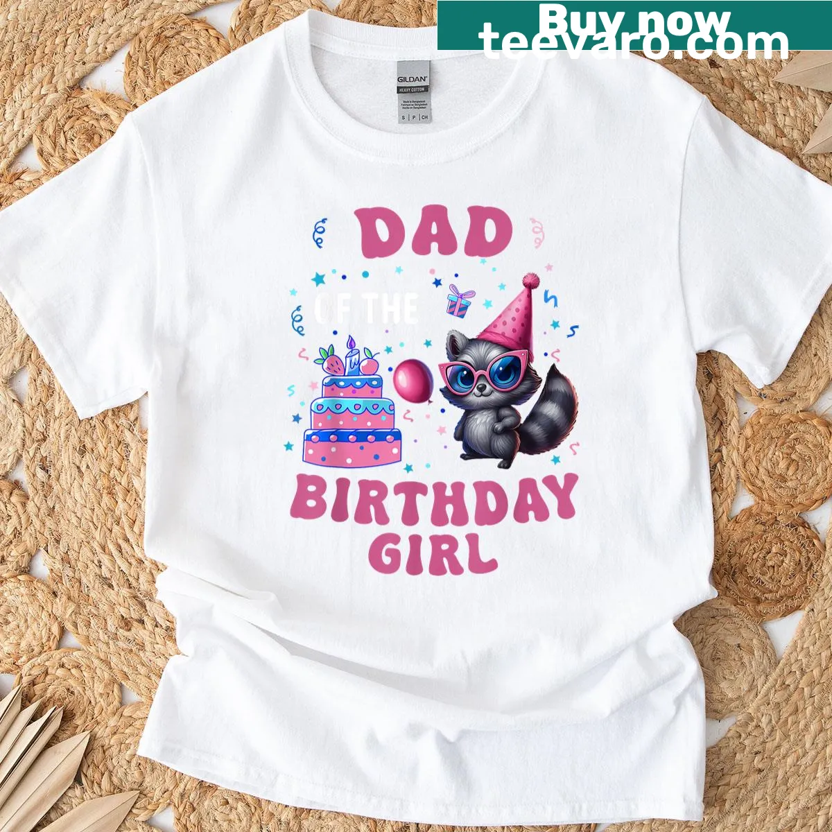 T-shirt with a cute raccoon and text 'Dad Of The Birthday Girl' — on a men's t-shirt