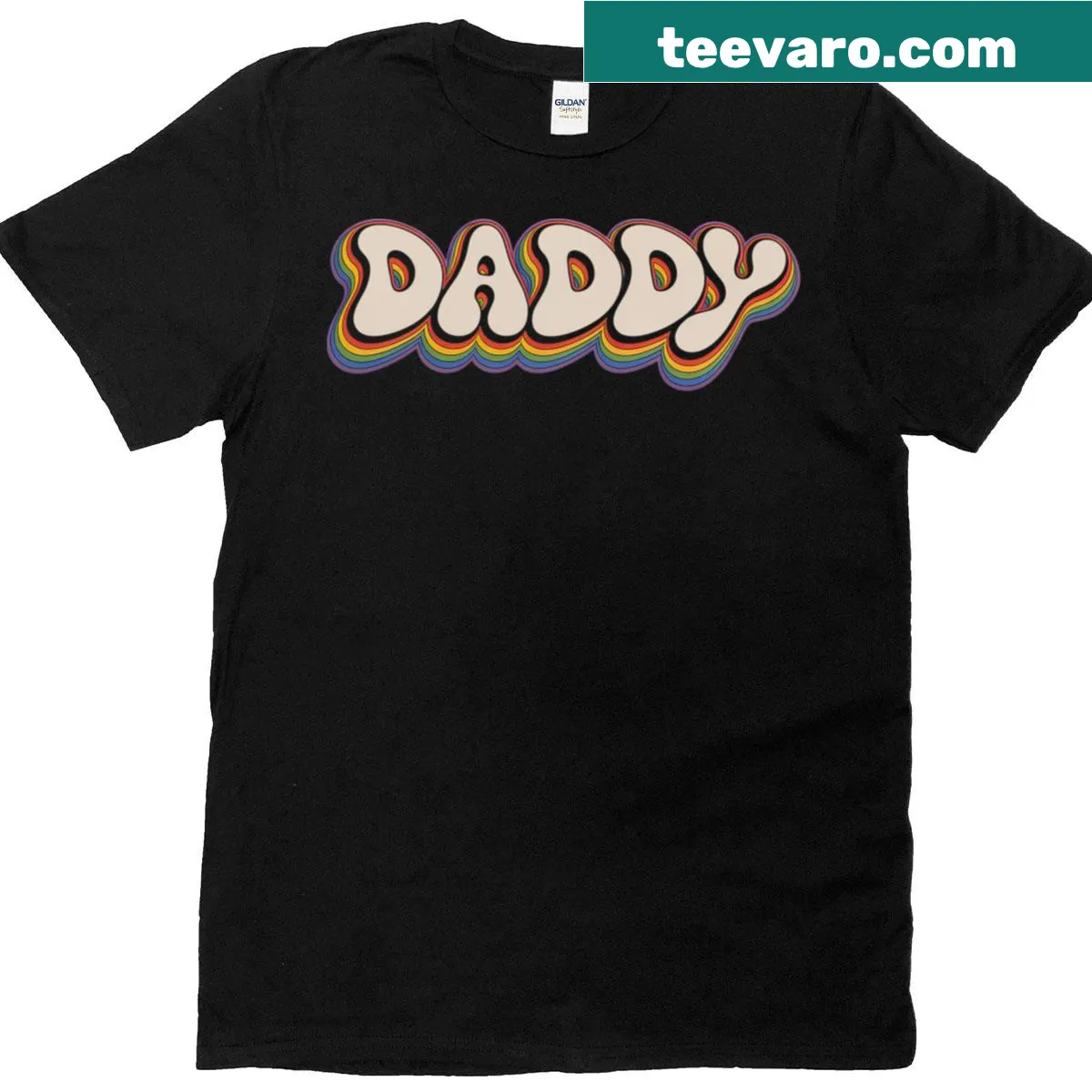 Playful typography t-shirt for LGBTQ+ dads with pride message — on a men's t-shirt