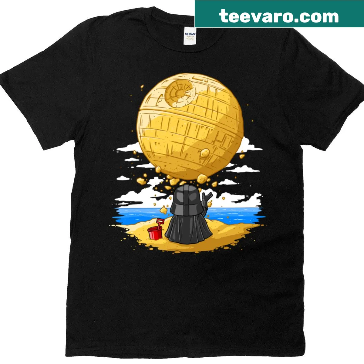 Illustrative t-shirt depicting whimsical sandcastles on the dark side — on a men's t-shirt