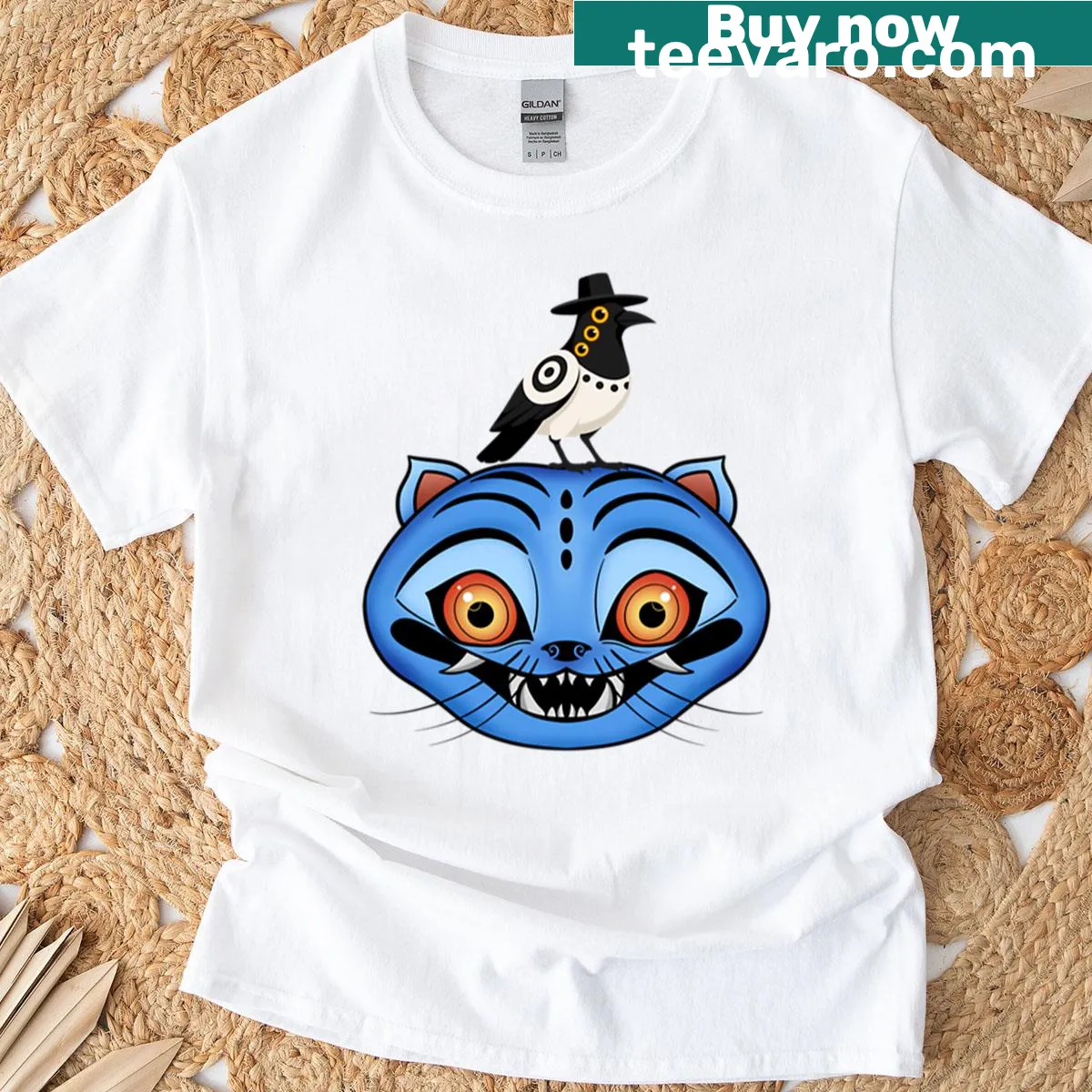 Illustration of a tiger and crow in a fantasy-themed design. — on a men's t-shirt