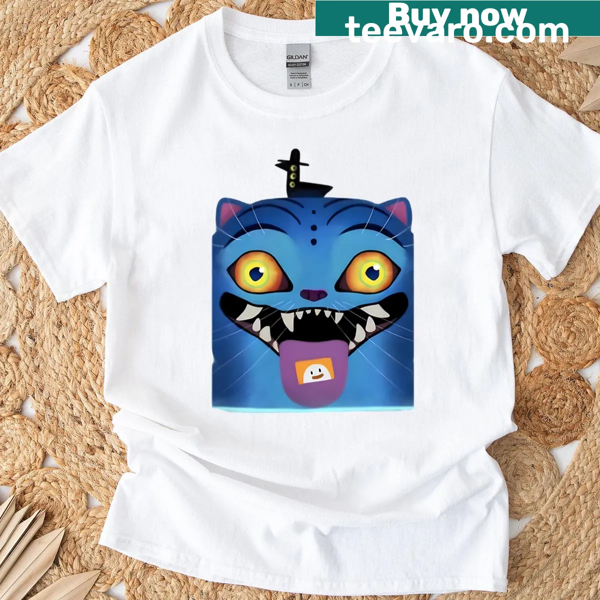 Cartoon demon character with a funny expression and snack theme — on a men's t-shirt