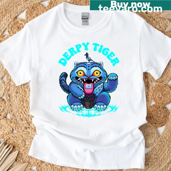 Funny cartoon tiger with exaggerated features on a t-shirt