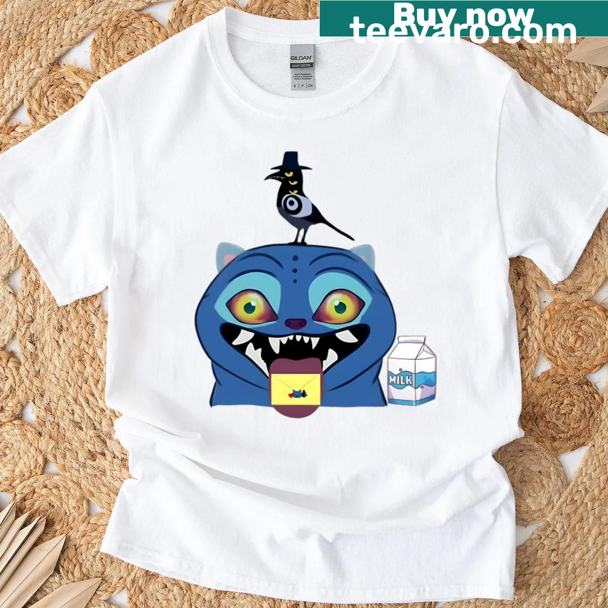 Funny tiger and bird cartoon graphic on a t-shirt — on a men's t-shirt