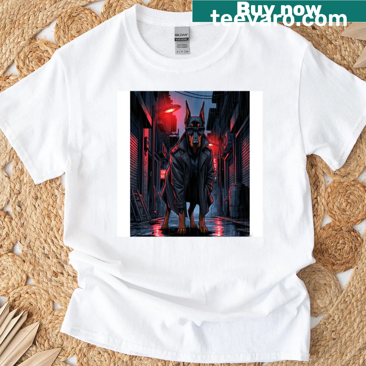 Retro Doberman graphic on an oversized t-shirt — on a men's t-shirt