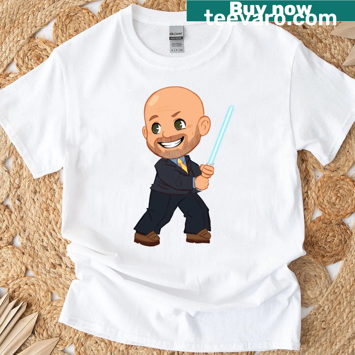 Doug Jedi T-shirt with whimsical sci-fi design — on a men's t-shirt