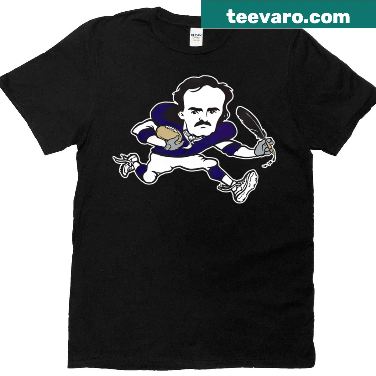 Design featuring Edgar Allan Poe and Baltimore Ravens football theme. — on a men's t-shirt