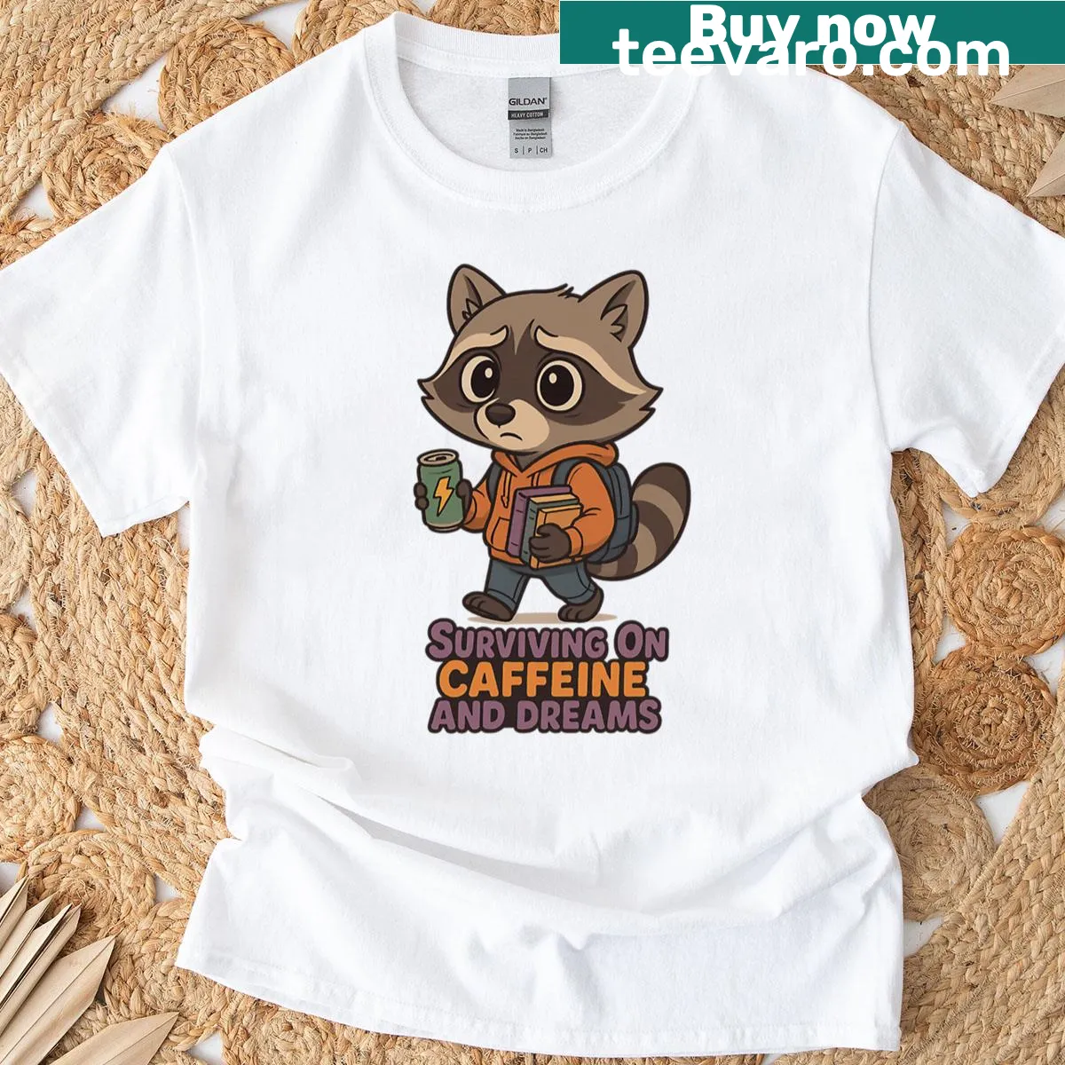 Chibi raccoon design for student life with coffee theme — on a men's t-shirt