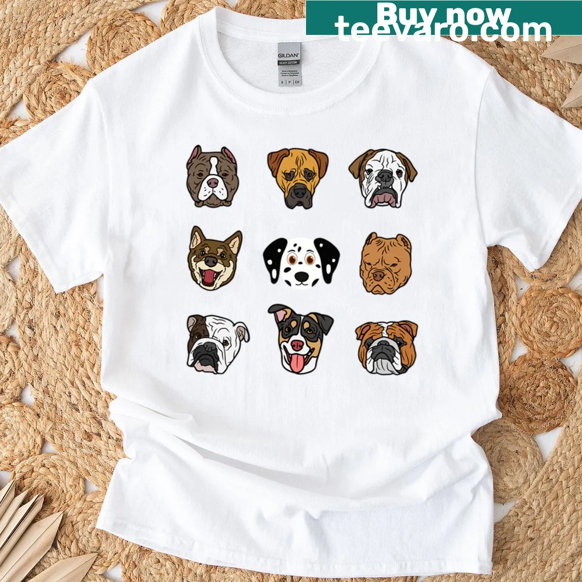 T-shirt showcasing a variety of expressive dog faces from different breeds — on a men's t-shirt