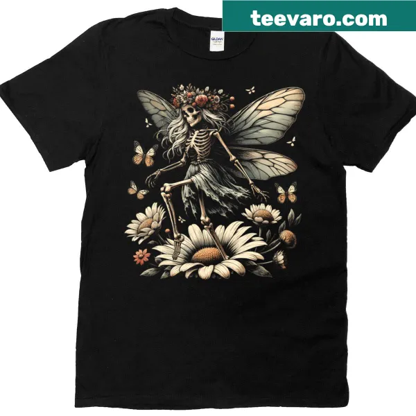 Illustration of a skull with butterfly wings on a T-shirt