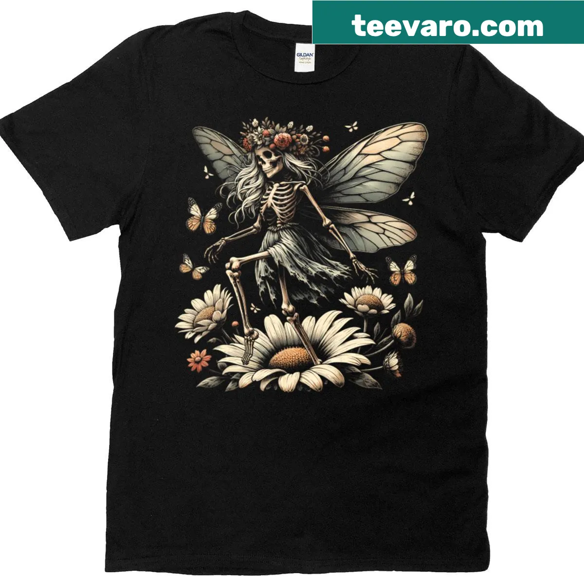 Illustration of a skull with butterfly wings on a T-shirt — on a men's t-shirt