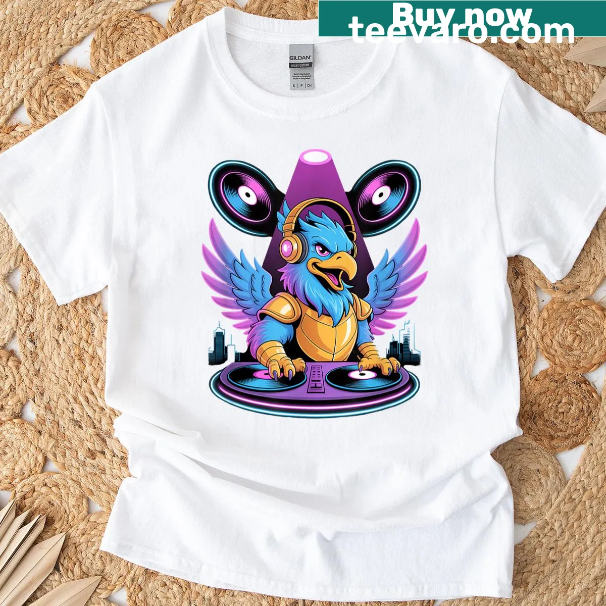 Whimsical T-shirt featuring a DJ in a fairytale scene, combining music and magic — on a men's t-shirt